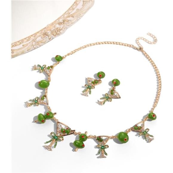 Olive Martini Cocktail Necklace & Earrings Set | Green Olives Jewelry for Women - Picture 6 of 9